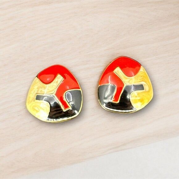 Monet Signed Art Deco Designer Enamel Red Black Beige Clip-On Earrings - Picture 1 of 6